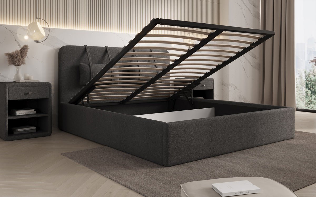 Luxuriöses Designer Polsterbett Alma mit Bouclé-Stoff und Stauraumfunktion