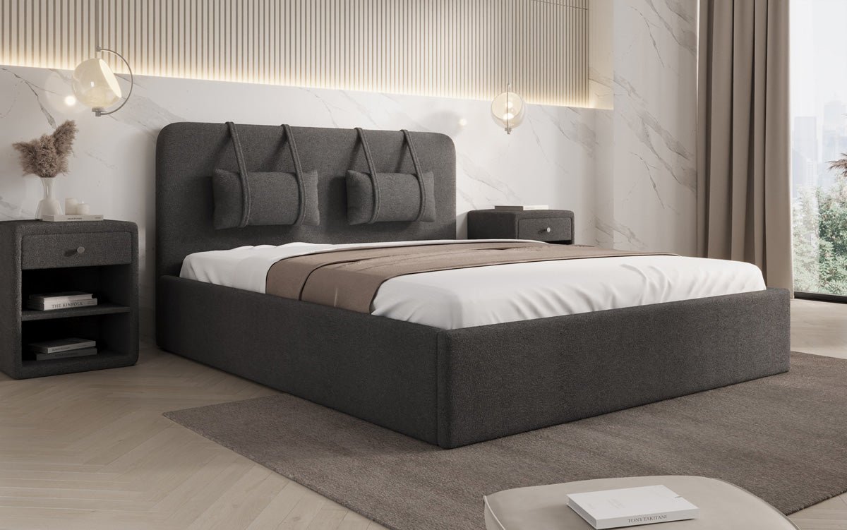 Luxuriöses Designer Polsterbett Alma mit Bouclé-Stoff und Stauraumfunktion