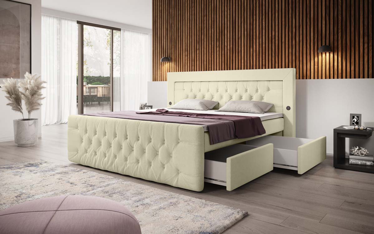 Luxuriöses Diva Bouclé Boxspringbett mit USB, LED & 2 Schubladen