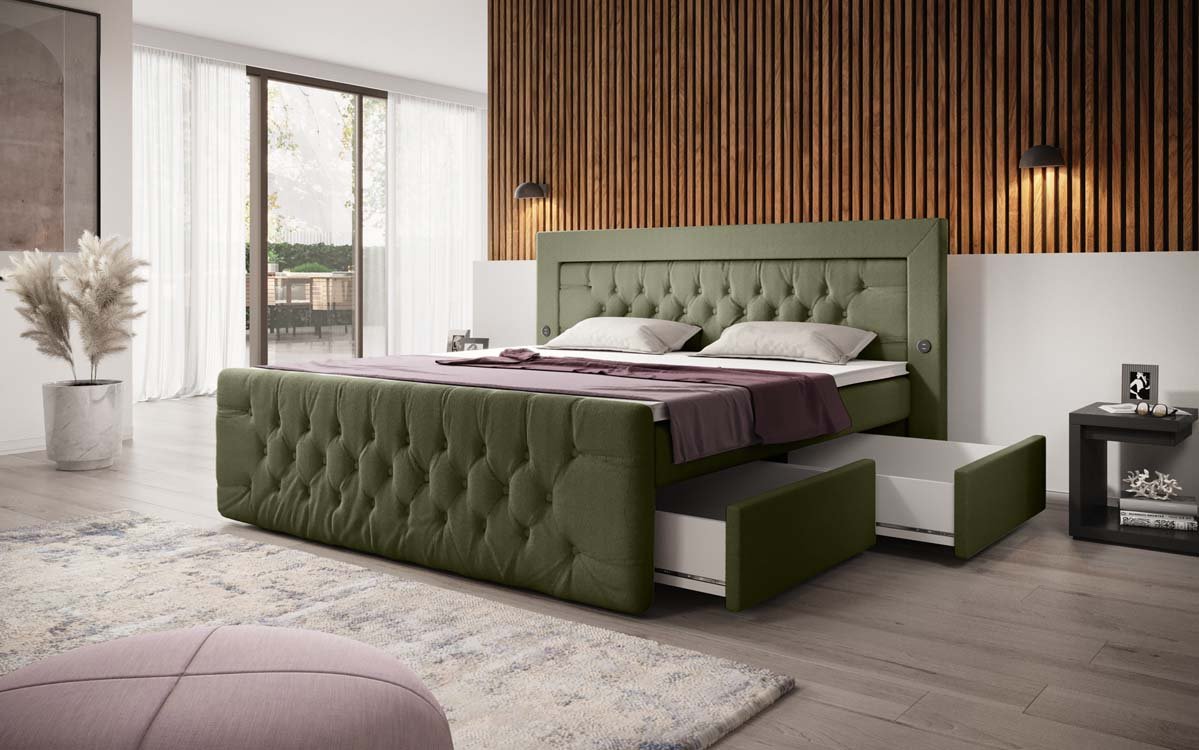 Luxuriöses Diva Bouclé Boxspringbett mit USB, LED & 2 Schubladen