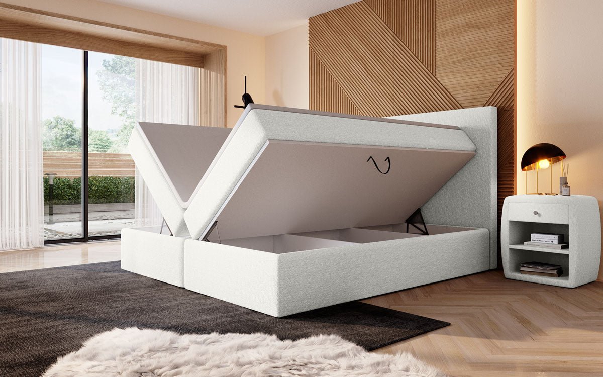 Luxuriöses Boxspringbett Sejour Bouclé mit LED-Beleuchtung & Stauraum