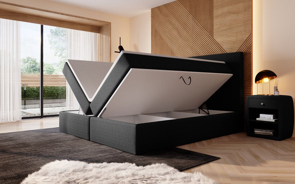 Luxuriöses Boxspringbett Sejour Bouclé mit LED-Beleuchtung & Stauraum