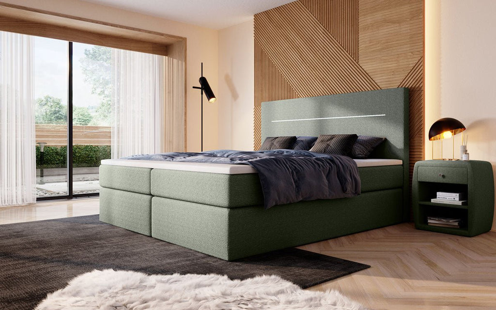 Luxuriöses Boxspringbett Sejour Bouclé mit LED-Beleuchtung & Stauraum