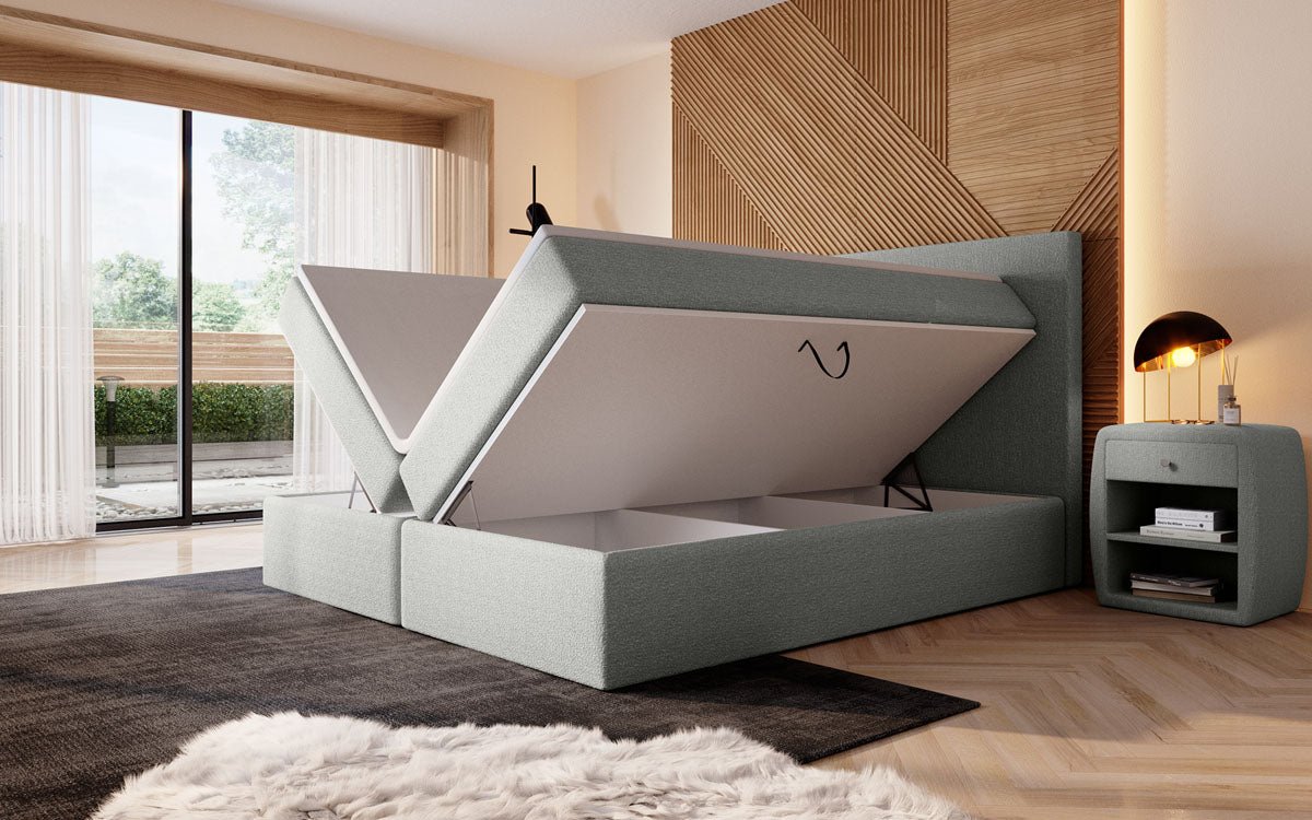 Luxuriöses Boxspringbett Sejour Bouclé mit LED-Beleuchtung & Stauraum