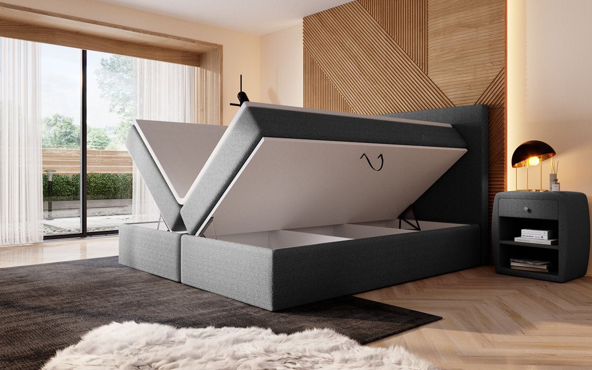 Luxuriöses Boxspringbett Sejour Bouclé mit LED-Beleuchtung & Stauraum
