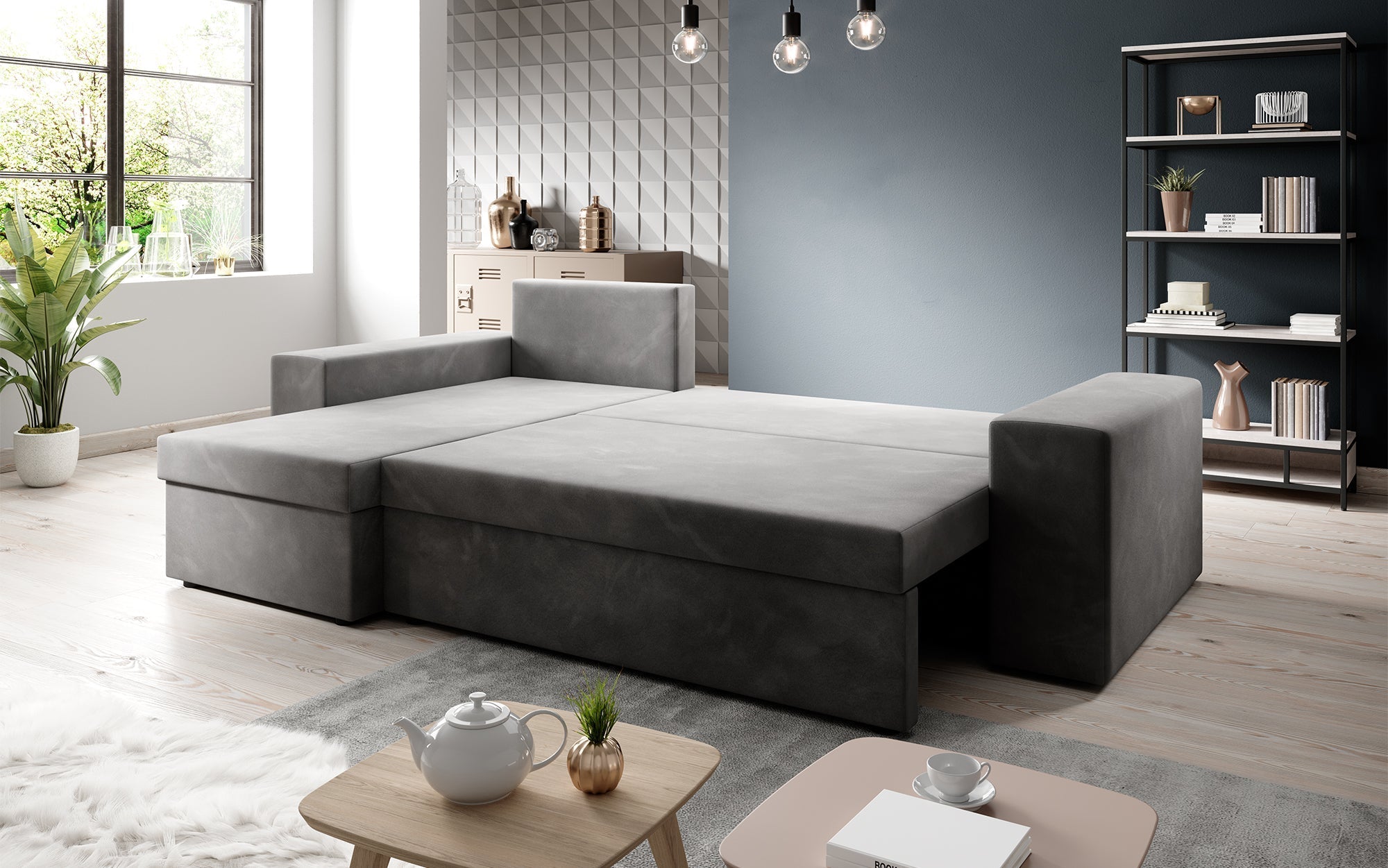 Luxuriöses Designer Ecksofa Denver Bouclé: Schlaf- und Klappfunktion für modernes Wohnen