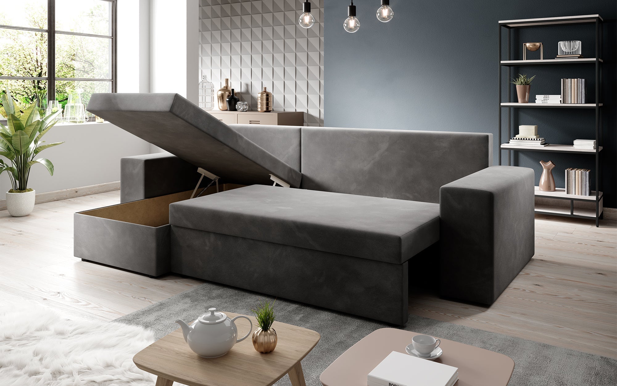 Luxuriöses Designer Ecksofa Denver Bouclé: Schlaf- und Klappfunktion für modernes Wohnen