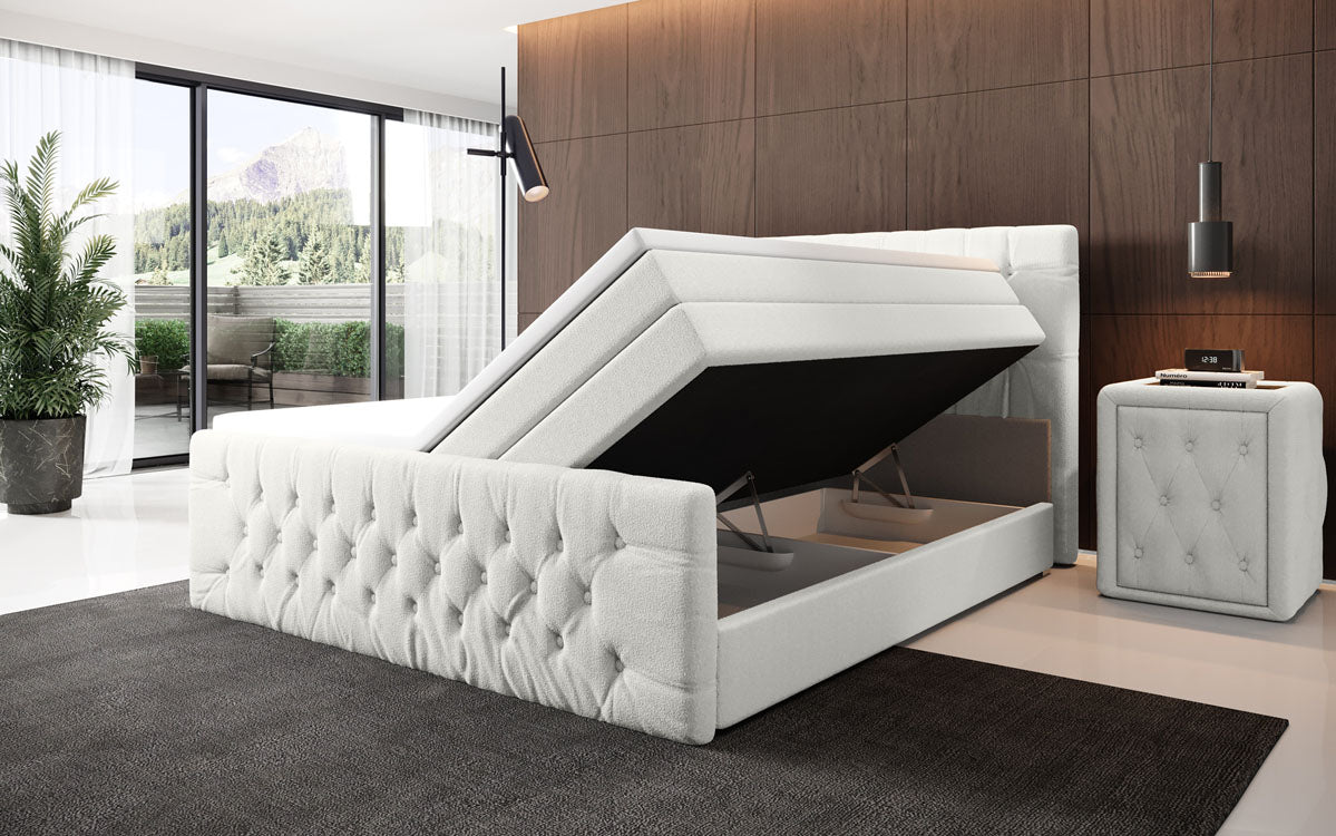 Luxuriöses Velutto Bouclé Boxspringbett mit Stauraum – Ultimativer Schlafkomfort