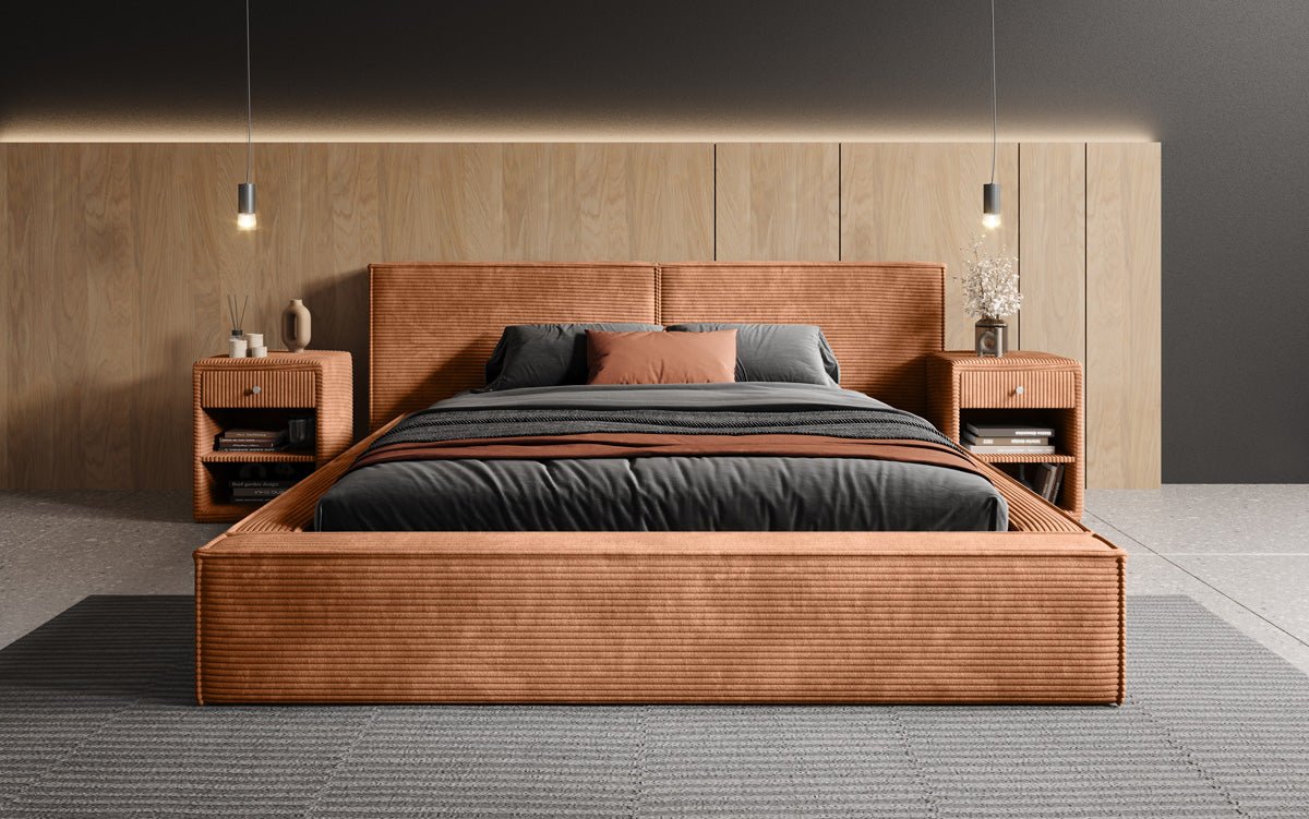 Elegantes Designer Polsterbett Ophelia: Samtiger Cord-Bezug, integrierter Stauraum, maximaler Komfort