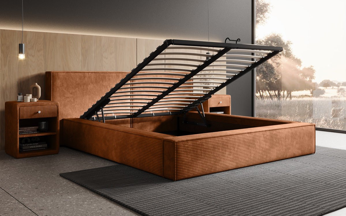 Elegantes Designer Polsterbett Ophelia: Samtiger Cord-Bezug, integrierter Stauraum, maximaler Komfort