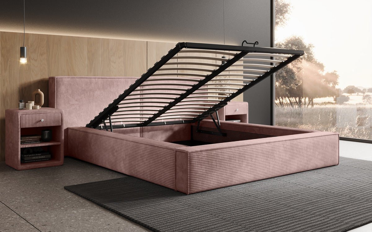 Elegantes Designer Polsterbett Ophelia: Samtiger Cord-Bezug, integrierter Stauraum, maximaler Komfort