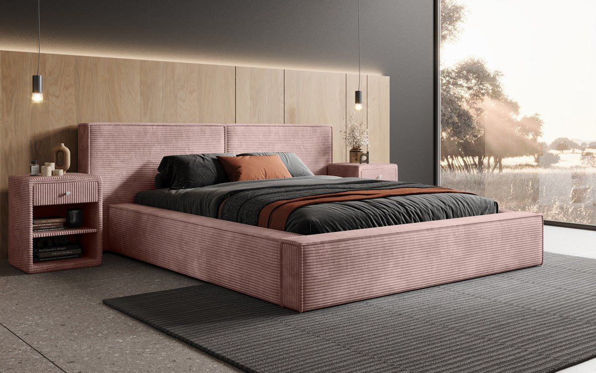 Elegantes Designer Polsterbett Ophelia: Samtiger Cord-Bezug, integrierter Stauraum, maximaler Komfort