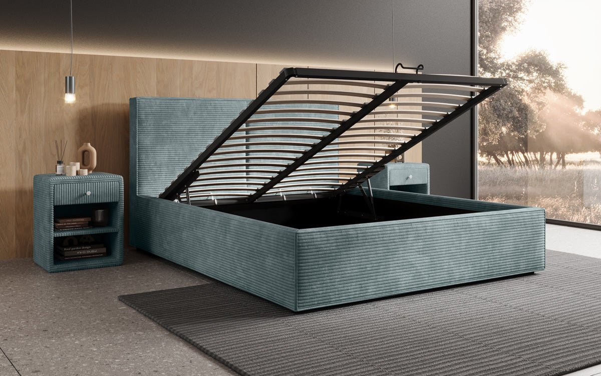 Luxuriöses Designer Polsterbett Elara aus Cord mit viel Stauraum