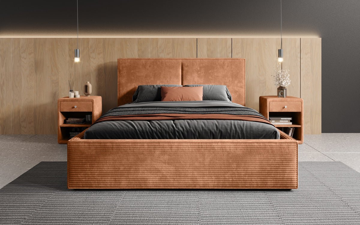 Luxuriöses Designer Polsterbett Elara aus Cord mit viel Stauraum