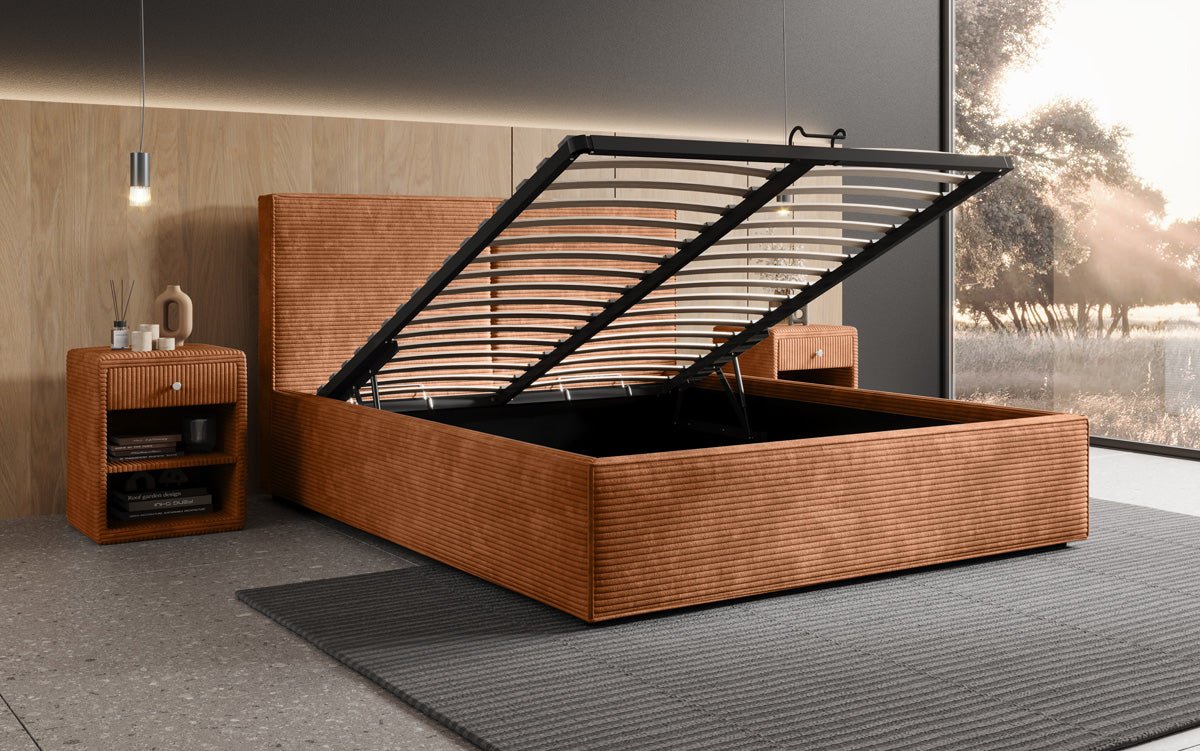 Luxuriöses Designer Polsterbett Elara aus Cord mit viel Stauraum
