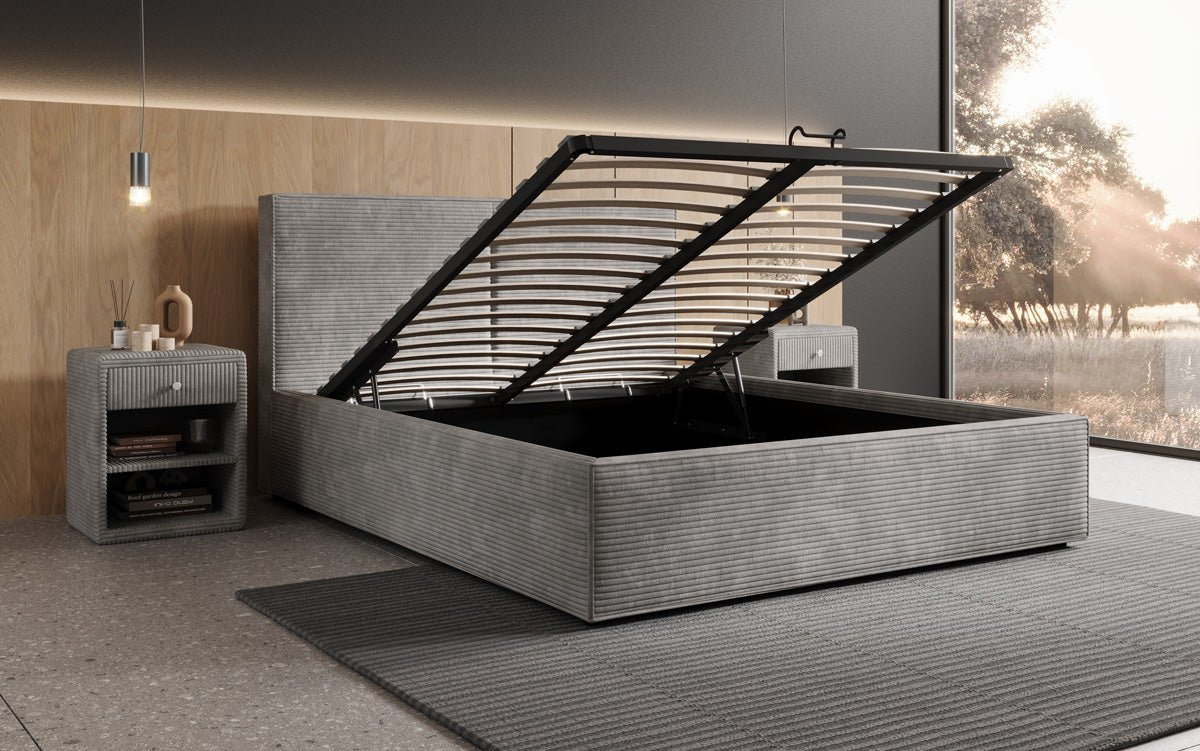 Luxuriöses Designer Polsterbett Elara aus Cord mit viel Stauraum
