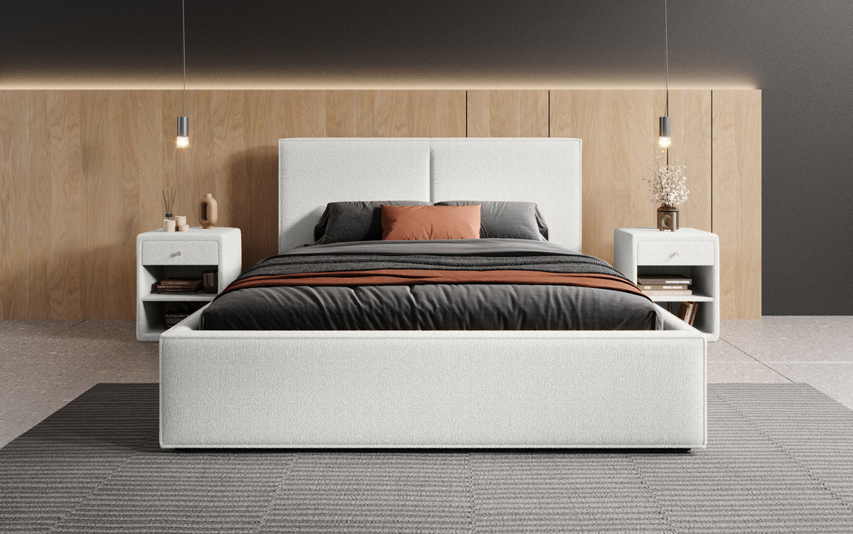 Luxuriöses Bouclé Designer Polsterbett Elara mit integriertem Stauraum