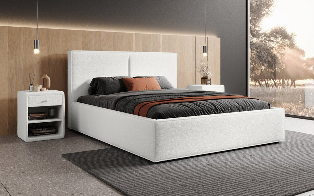 Luxuriöses Bouclé Designer Polsterbett Elara mit integriertem Stauraum