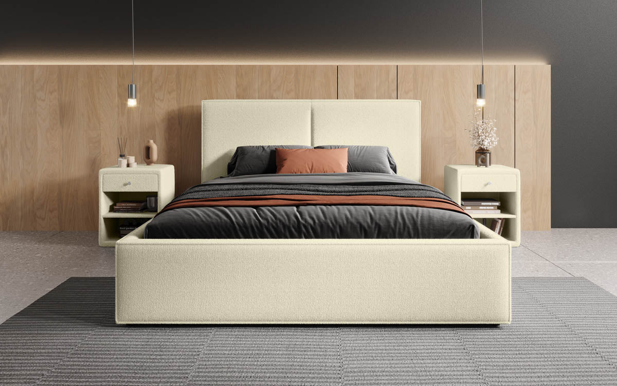 Luxuriöses Bouclé Designer Polsterbett Elara mit integriertem Stauraum