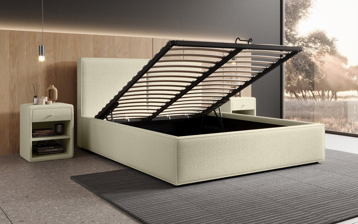Luxuriöses Bouclé Designer Polsterbett Elara mit integriertem Stauraum