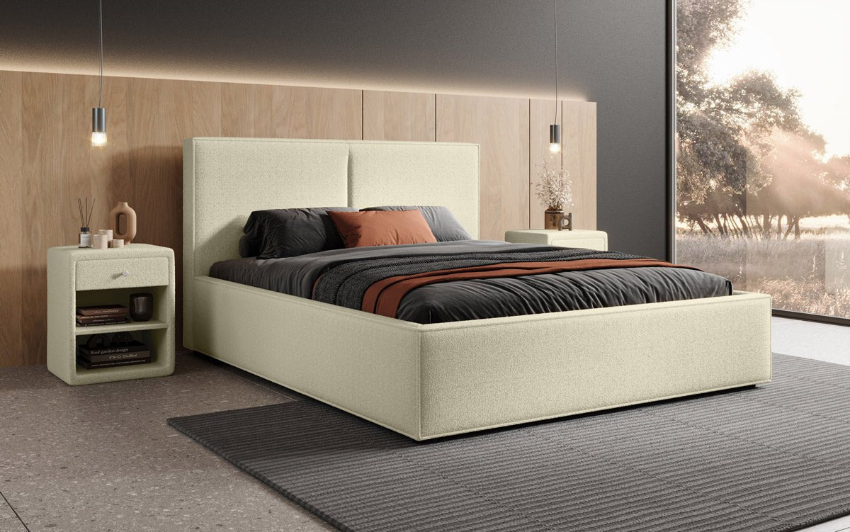 Luxuriöses Bouclé Designer Polsterbett Elara mit integriertem Stauraum