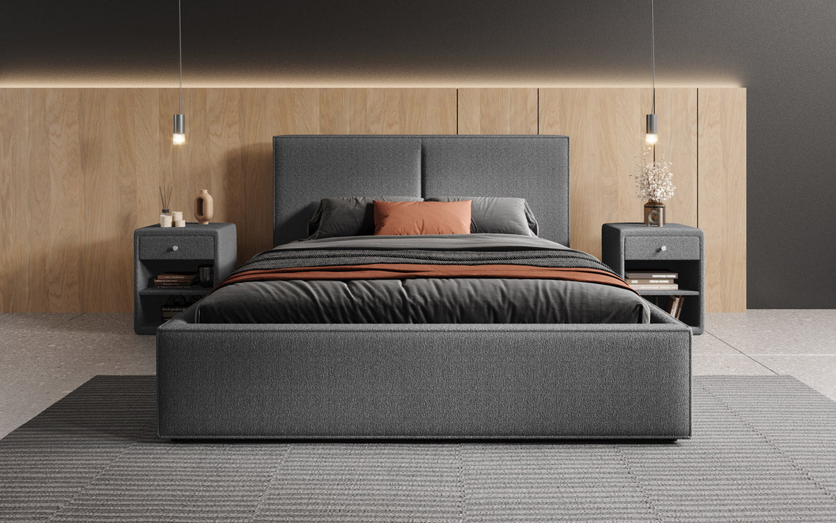 Luxuriöses Bouclé Designer Polsterbett Elara mit integriertem Stauraum