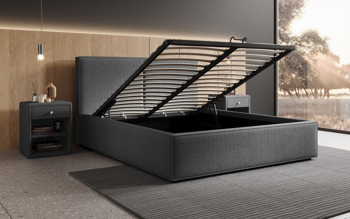 Luxuriöses Bouclé Designer Polsterbett Elara mit integriertem Stauraum