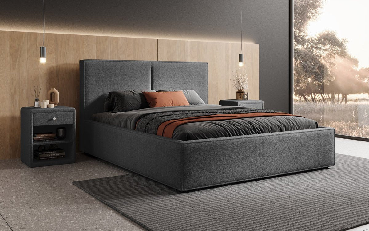 Luxuriöses Bouclé Designer Polsterbett Elara mit integriertem Stauraum