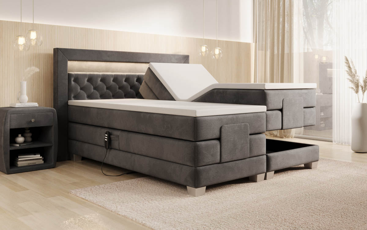 Luxuriöses Velora Samt Boxspringbett: Elektrisch Verstellbar mit LED für Maximalen Komfort