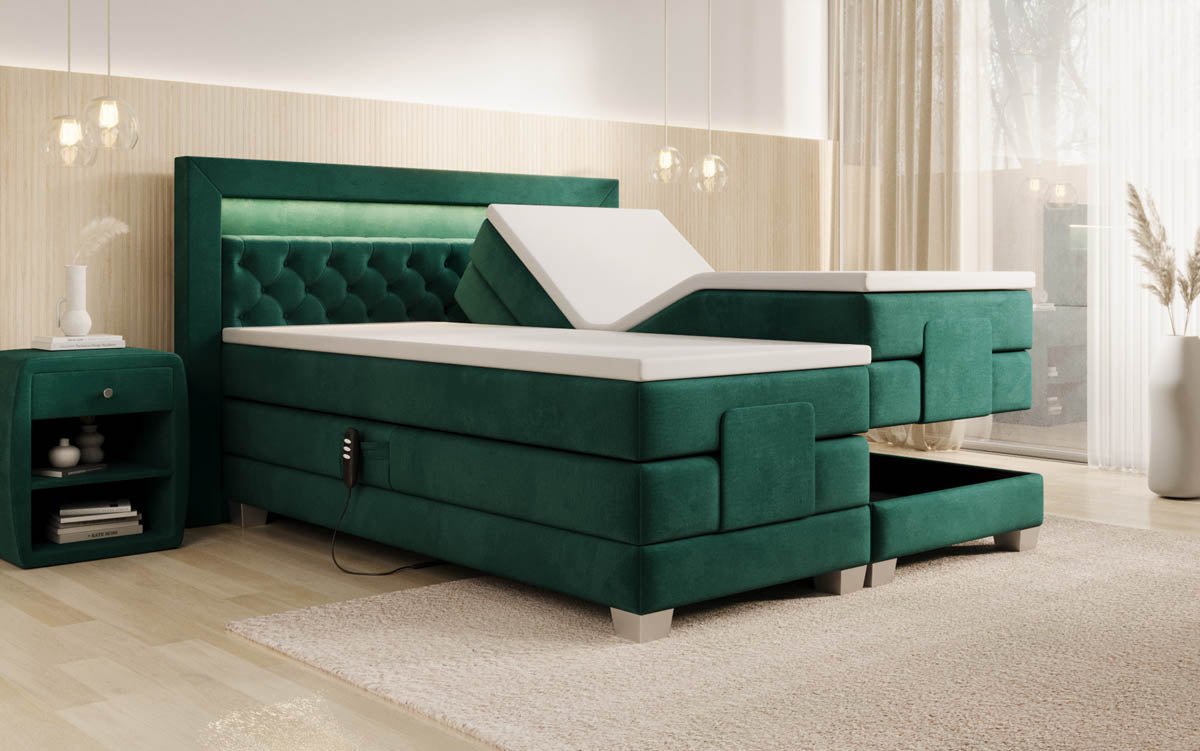 Luxuriöses Velora Samt Boxspringbett: Elektrisch Verstellbar mit LED für Maximalen Komfort