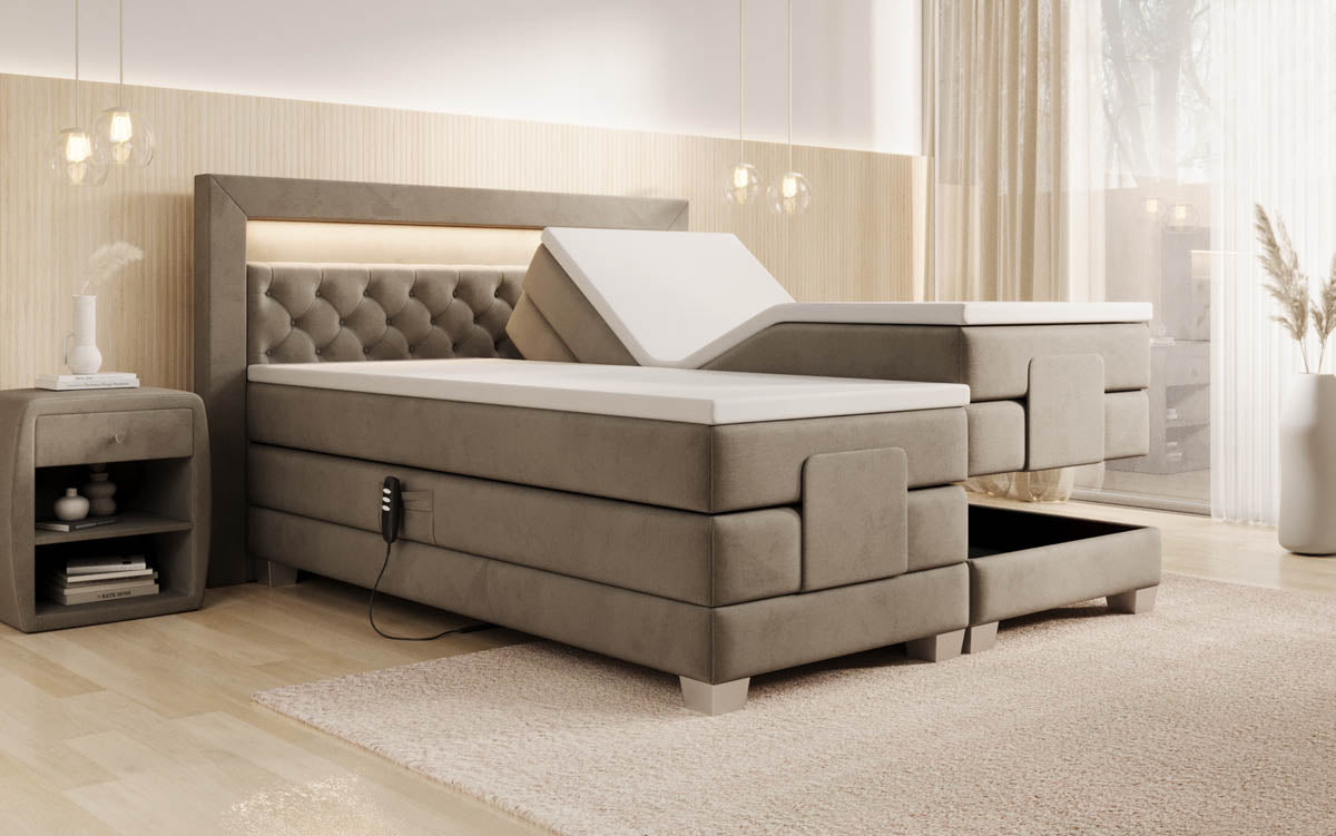 Luxuriöses Velora Samt Boxspringbett: Elektrisch Verstellbar mit LED für Maximalen Komfort