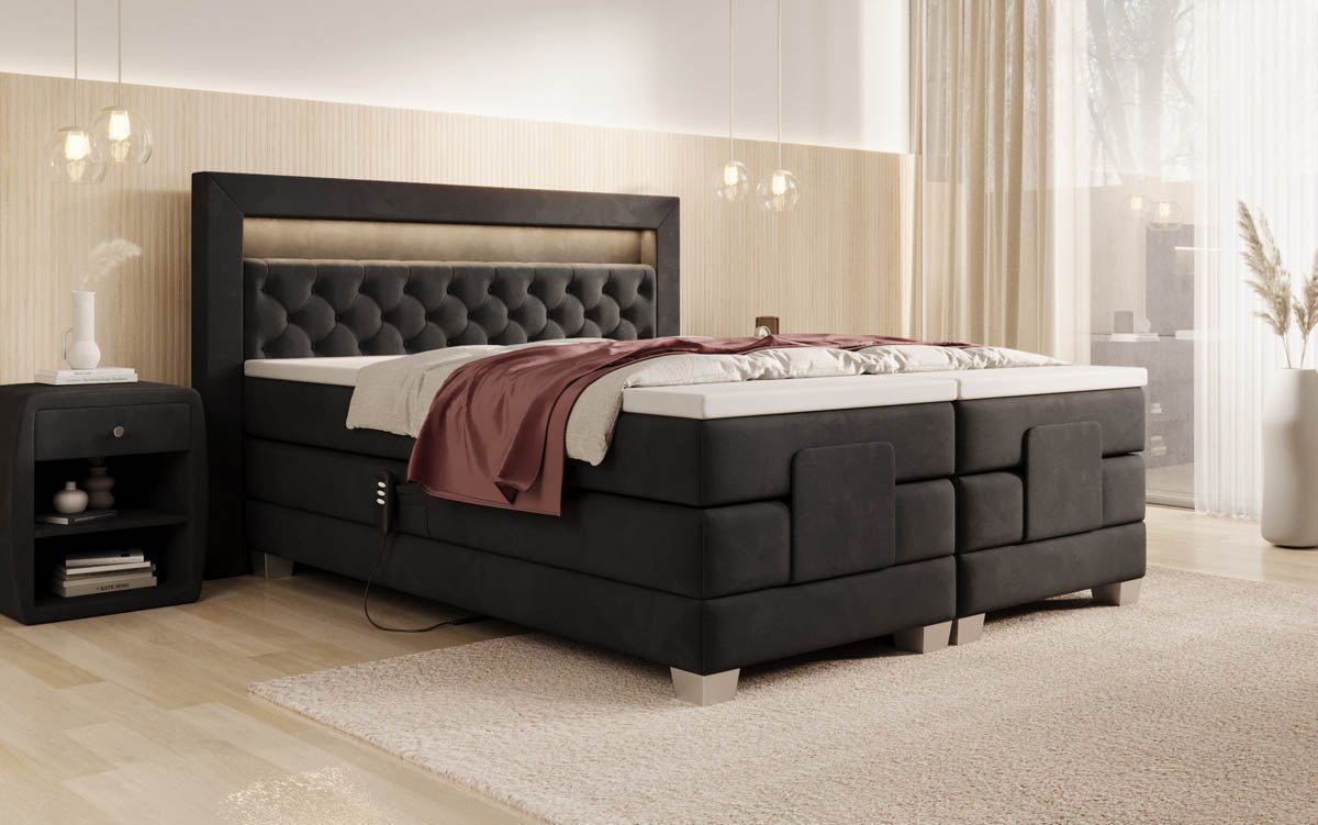 Luxuriöses Velora Samt Boxspringbett: Elektrisch Verstellbar mit LED für Maximalen Komfort