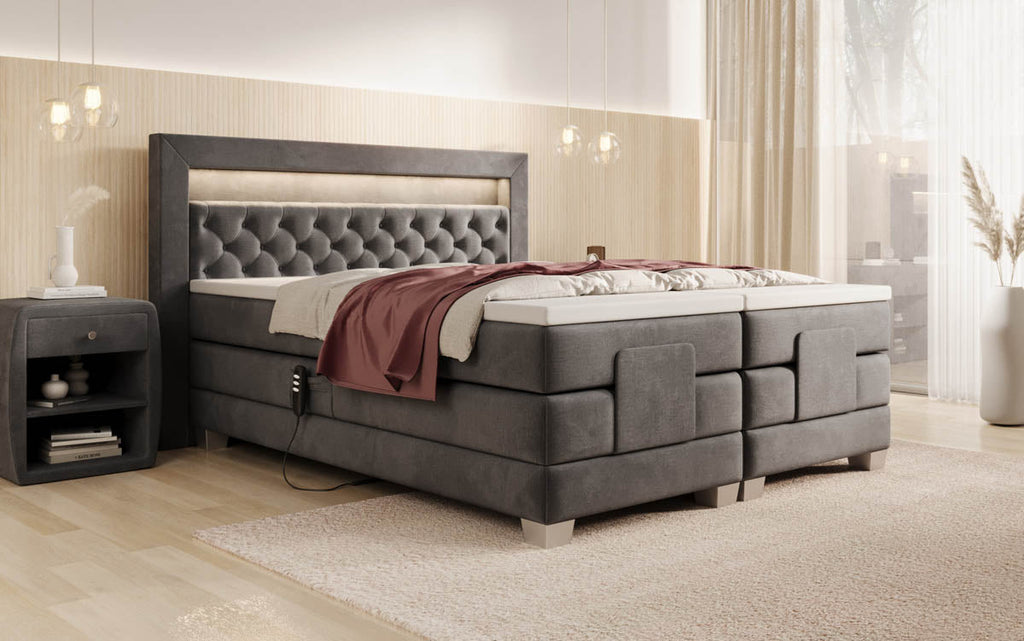Luxuriöses Velora Samt Boxspringbett: Elektrisch Verstellbar mit LED für Maximalen Komfort