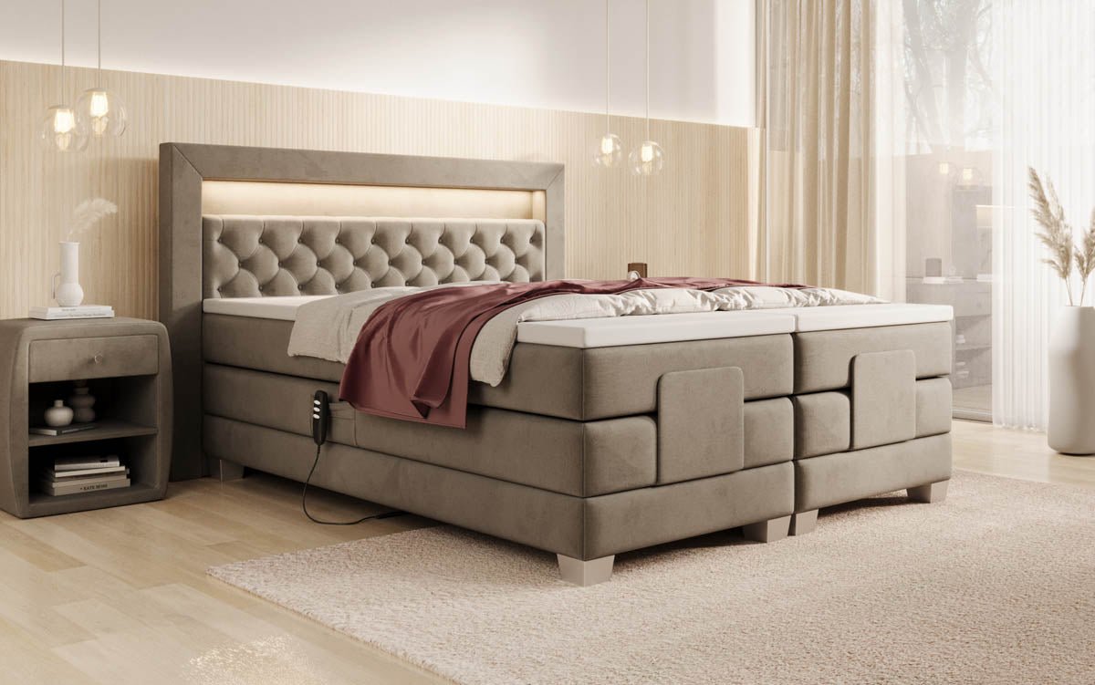 Luxuriöses Velora Samt Boxspringbett: Elektrisch Verstellbar mit LED für Maximalen Komfort