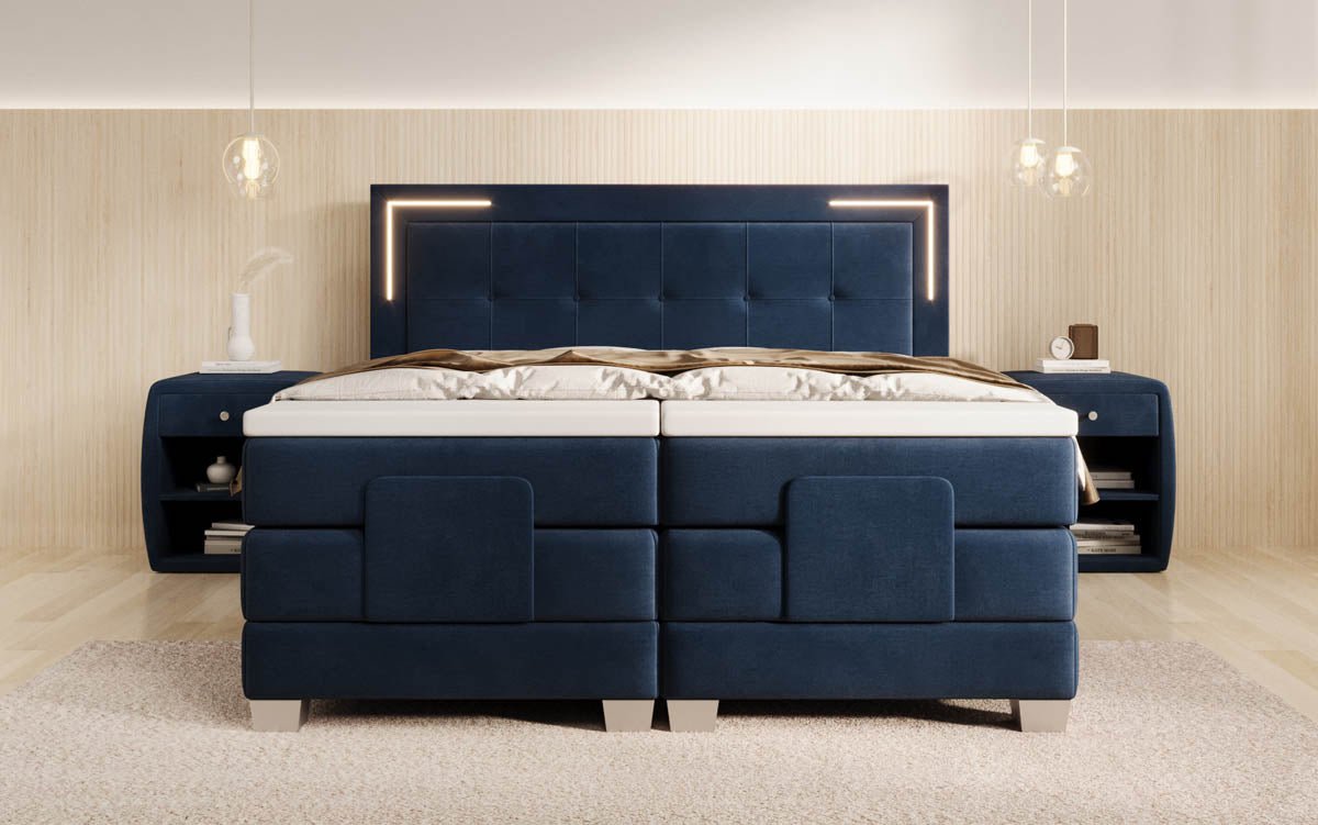 Elektrisch Verstellbares Boxspringbett Noctis Samt mit LED-Beleuchtung und H3 Härtegrad