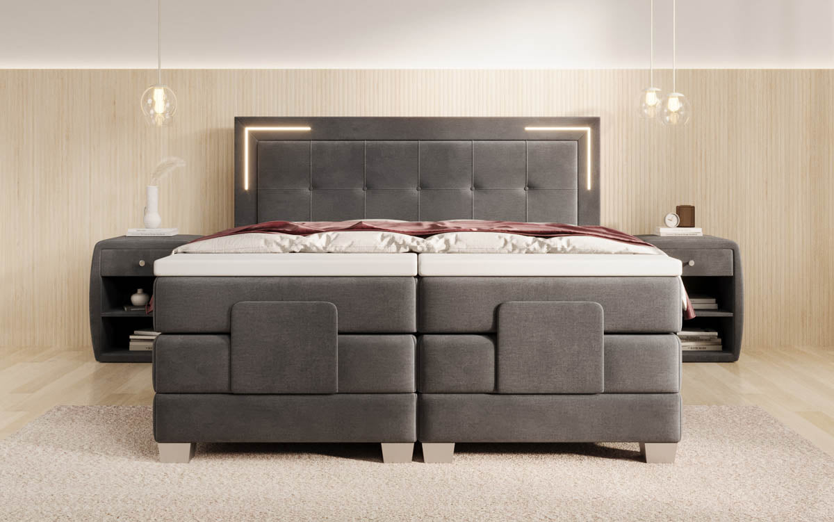 Luxuriöses Boxspringbett Noctis Samt mit elektrischer Verstellung und integrierter LED
