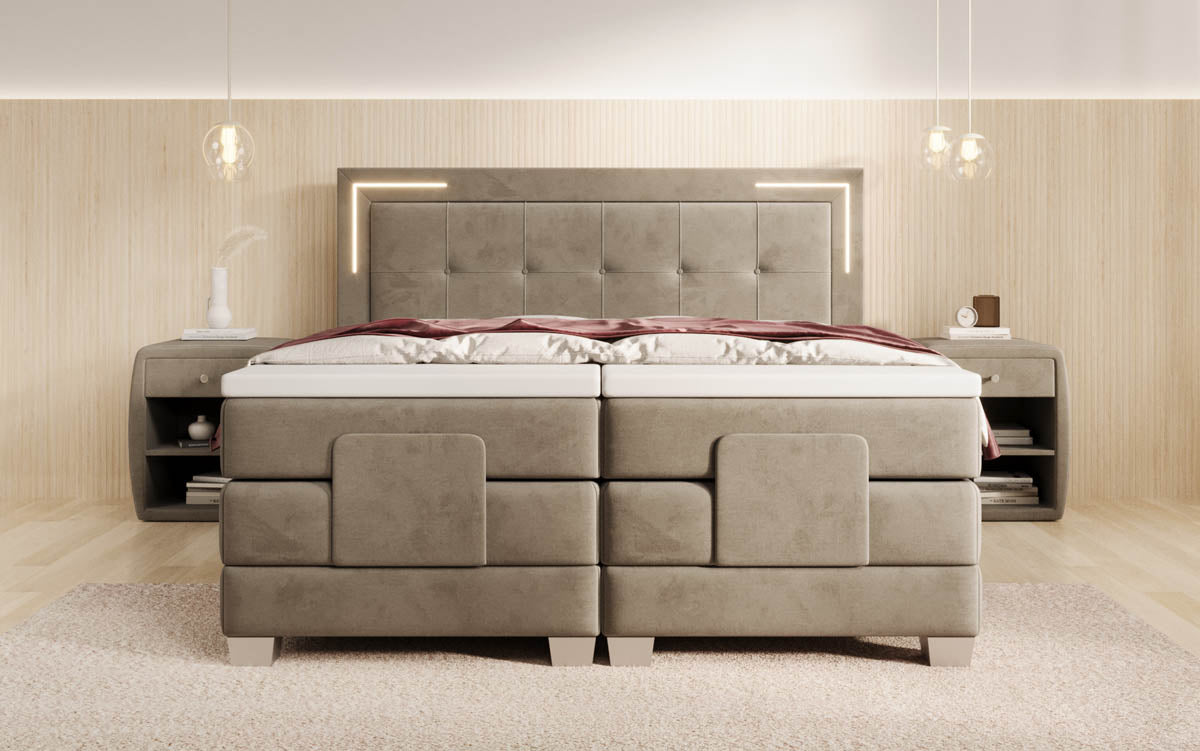 Elektrisch Verstellbares Boxspringbett Noctis Samt mit LED-Beleuchtung und H3 Härtegrad