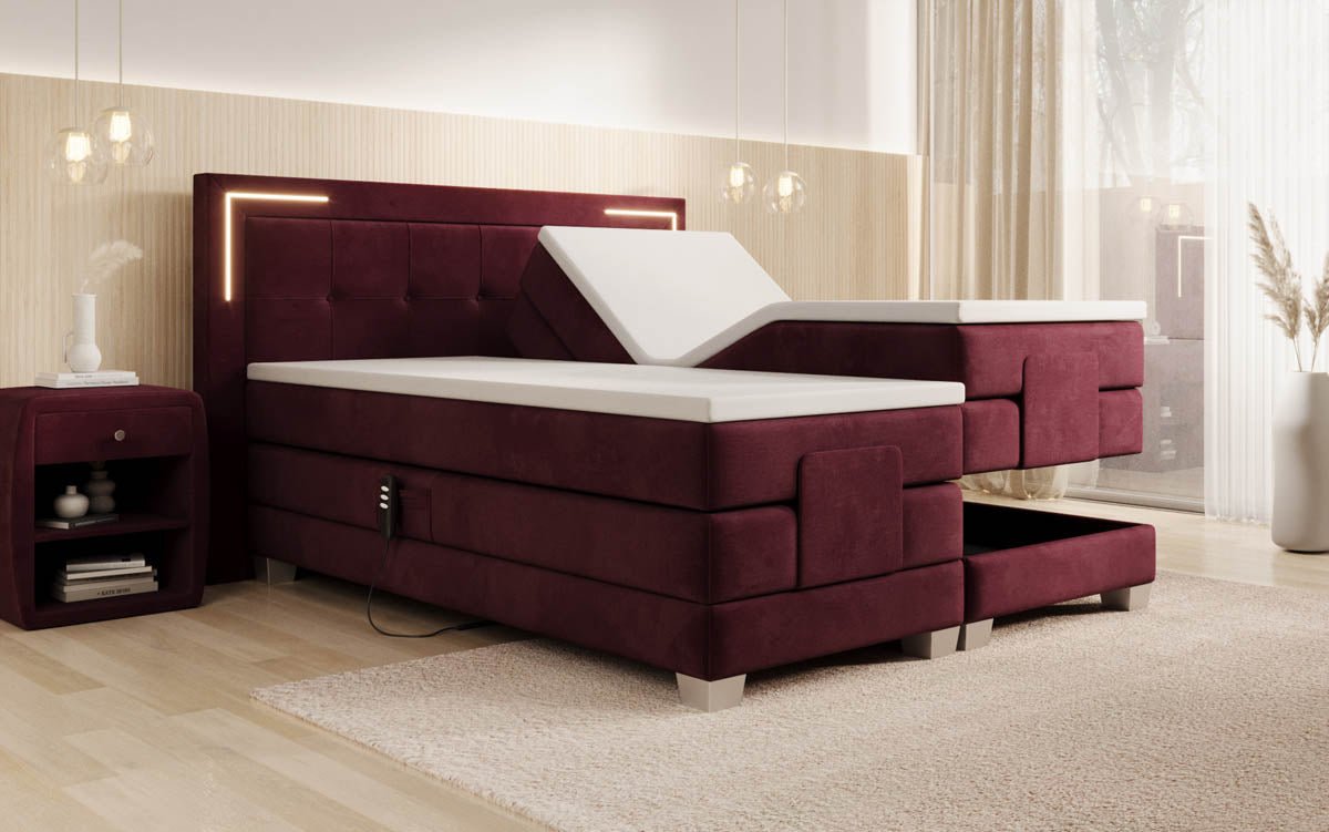 Luxuriöses Boxspringbett Noctis Samt mit elektrischer Verstellung und integrierter LED