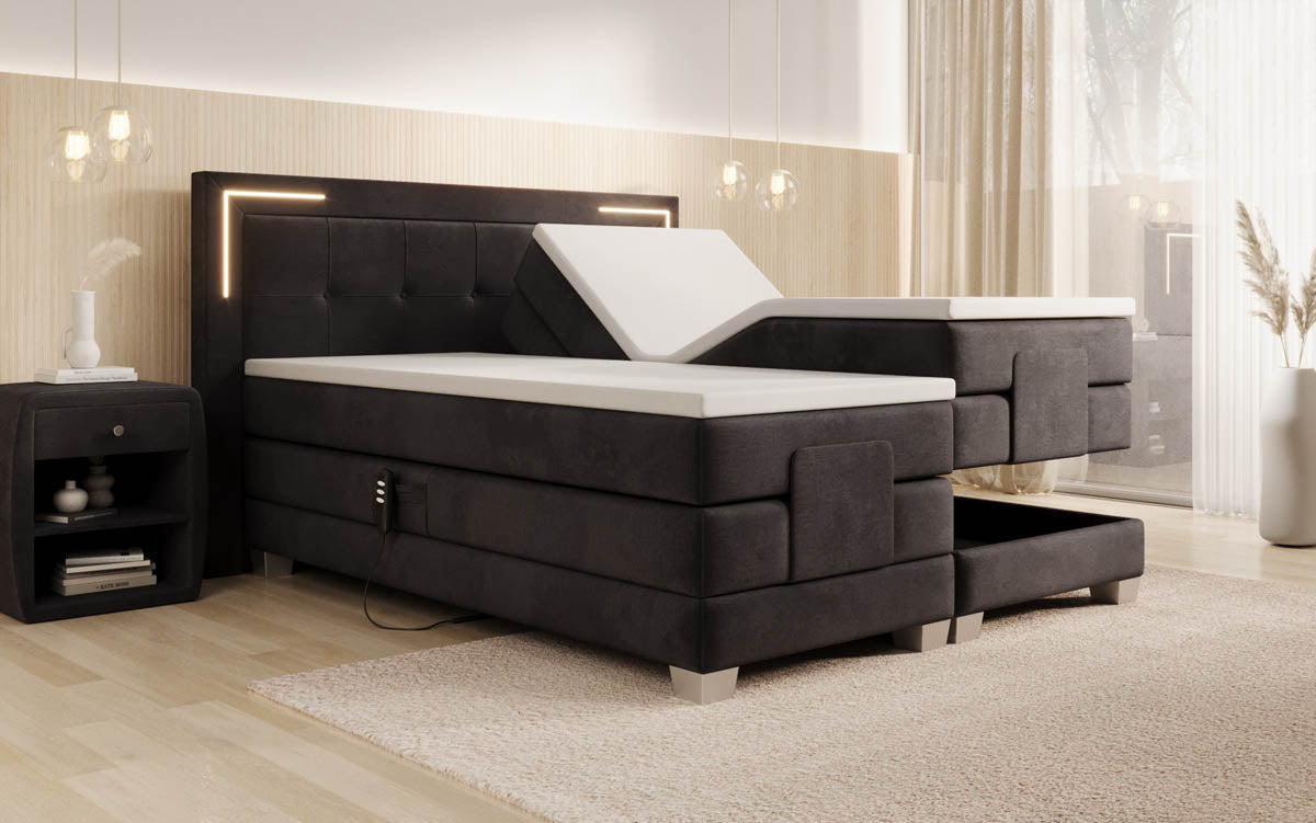 Elektrisch Verstellbares Boxspringbett Noctis Samt mit LED-Beleuchtung und H3 Härtegrad