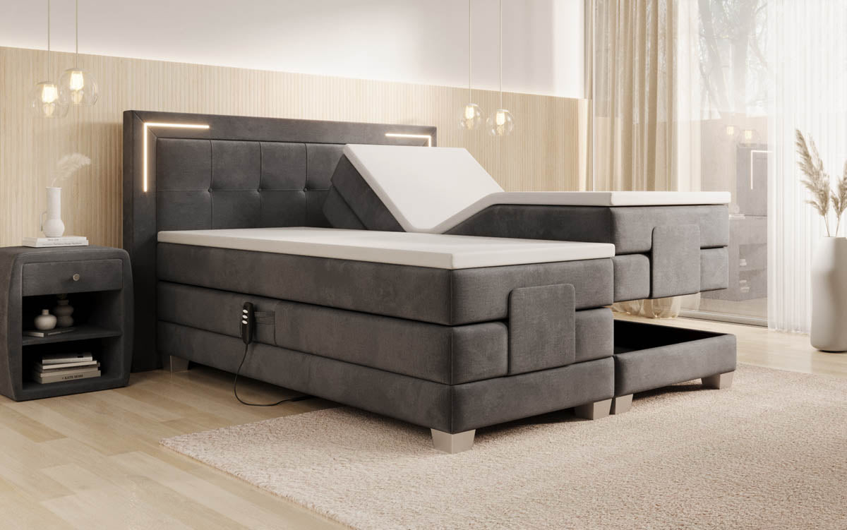 Elektrisch Verstellbares Boxspringbett Noctis Samt mit LED-Beleuchtung und H3 Härtegrad
