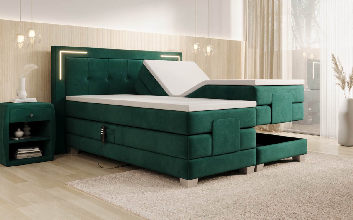 Luxuriöses Boxspringbett Noctis Samt mit elektrischer Verstellung und integrierter LED