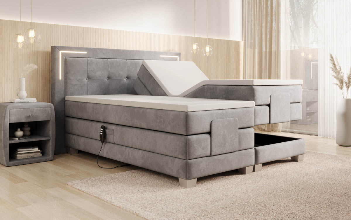 Elektrisch Verstellbares Boxspringbett Noctis Samt mit LED-Beleuchtung und H3 Härtegrad