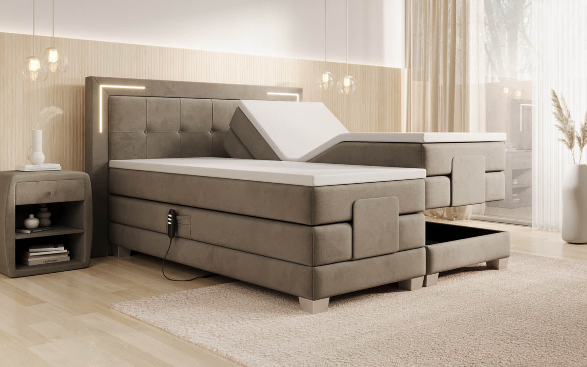Luxuriöses Boxspringbett Noctis Samt mit elektrischer Verstellung und integrierter LED