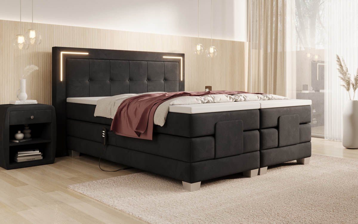 Luxuriöses Boxspringbett Noctis Samt mit elektrischer Verstellung und integrierter LED