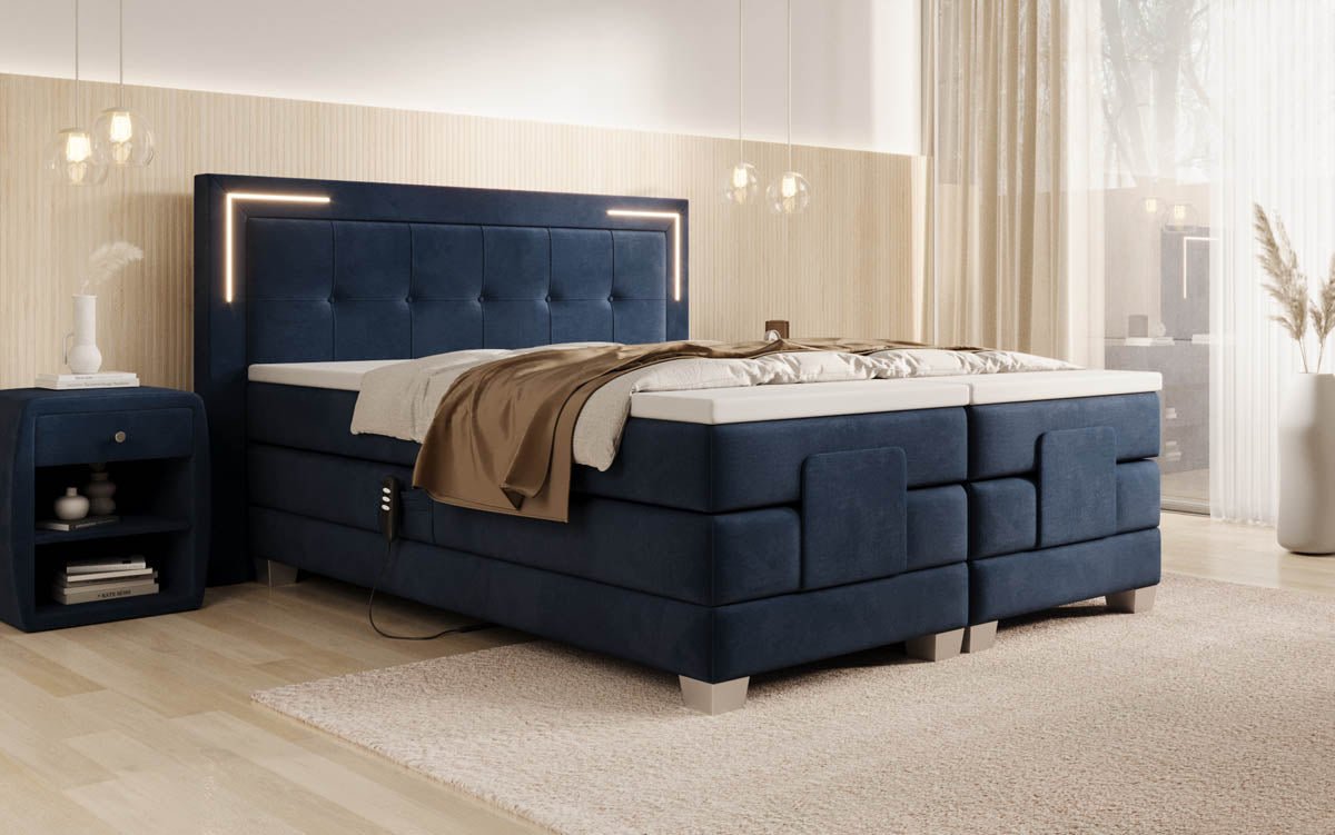 Elektrisch Verstellbares Boxspringbett Noctis Samt mit LED-Beleuchtung und H3 Härtegrad