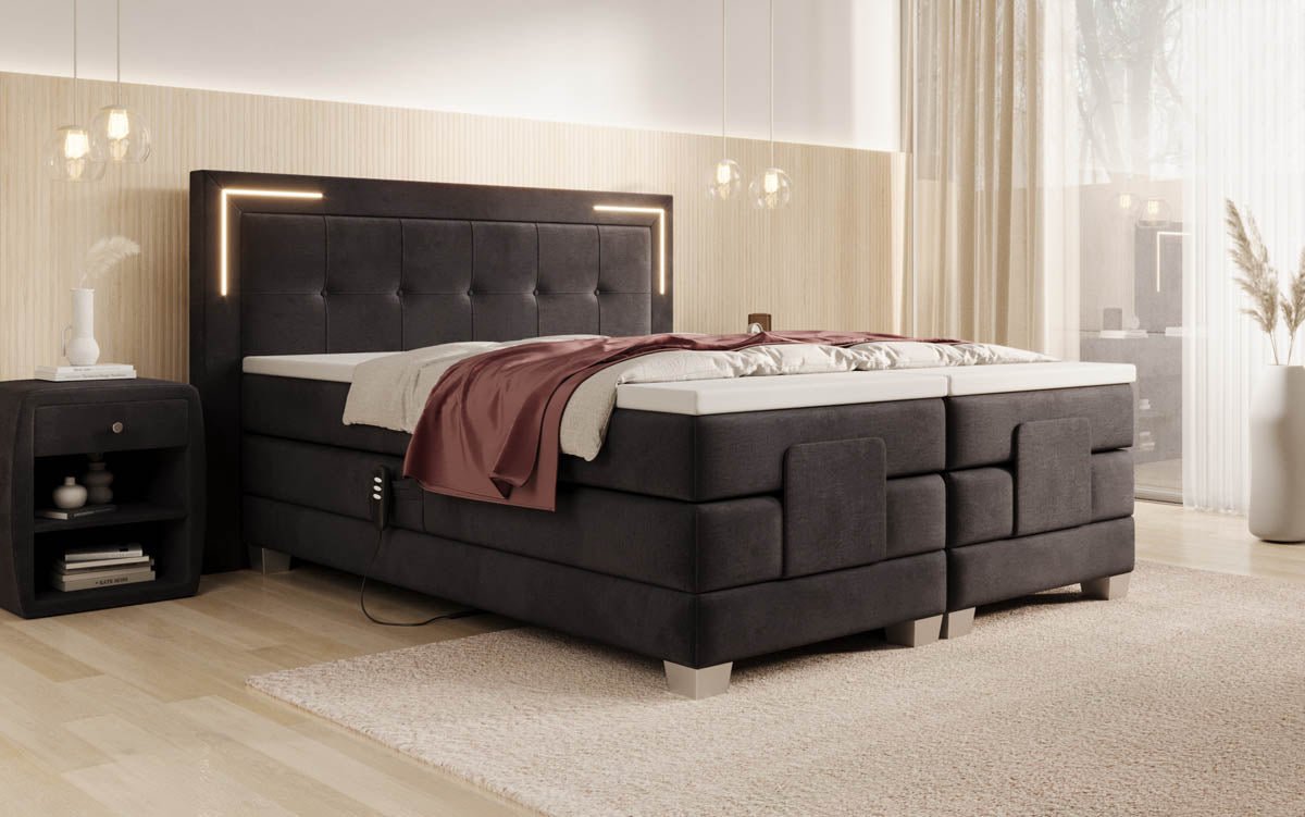 Elektrisch Verstellbares Boxspringbett Noctis Samt mit LED-Beleuchtung und H3 Härtegrad