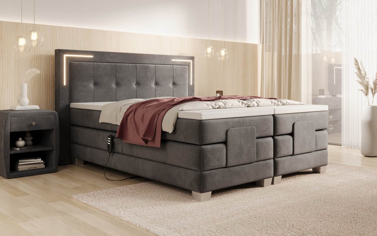 Elektrisch Verstellbares Boxspringbett Noctis Samt mit LED-Beleuchtung und H3 Härtegrad