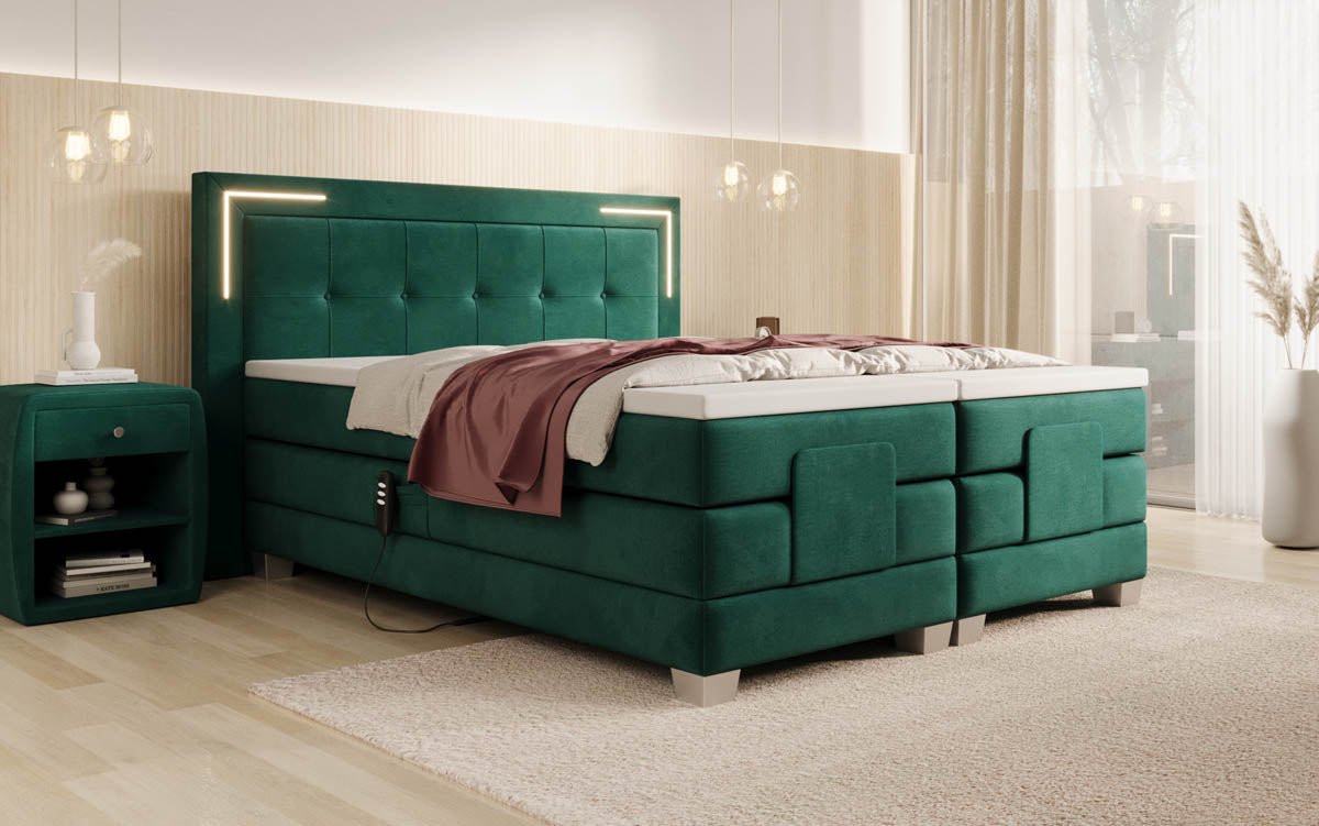 Elektrisch Verstellbares Boxspringbett Noctis Samt mit LED-Beleuchtung und H3 Härtegrad