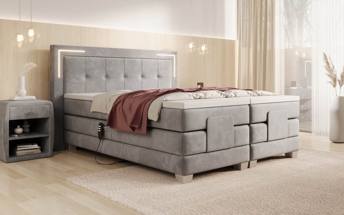 Elektrisch Verstellbares Boxspringbett Noctis Samt mit LED-Beleuchtung und H3 Härtegrad