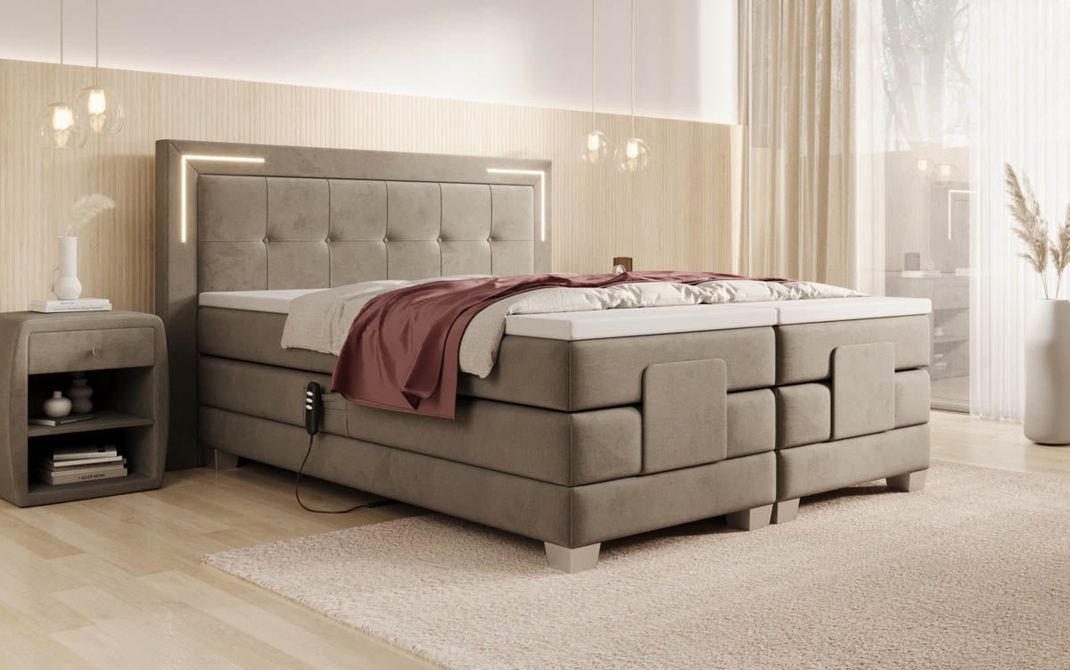 Elektrisch Verstellbares Boxspringbett Noctis Samt mit LED-Beleuchtung und H3 Härtegrad